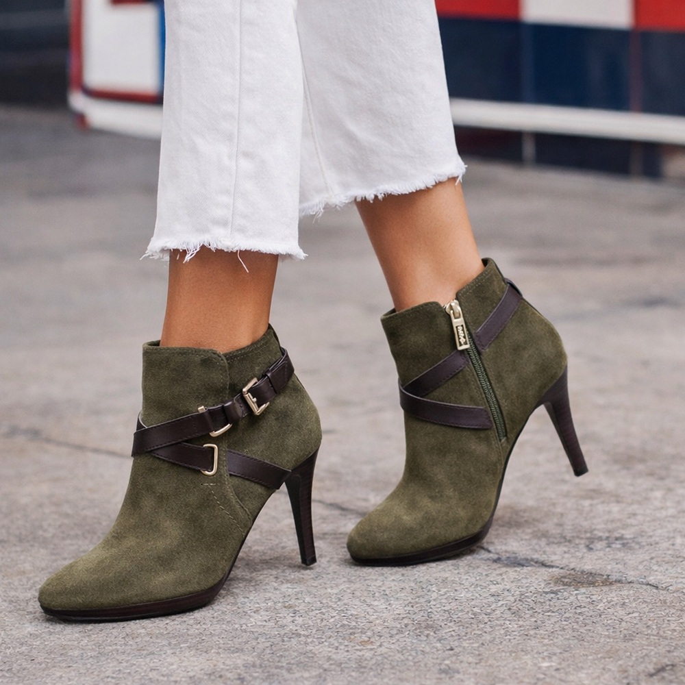 SOLD TOMMY HILFIGER Leather Suede High Heels Boots Size 7 Army Green Buckle